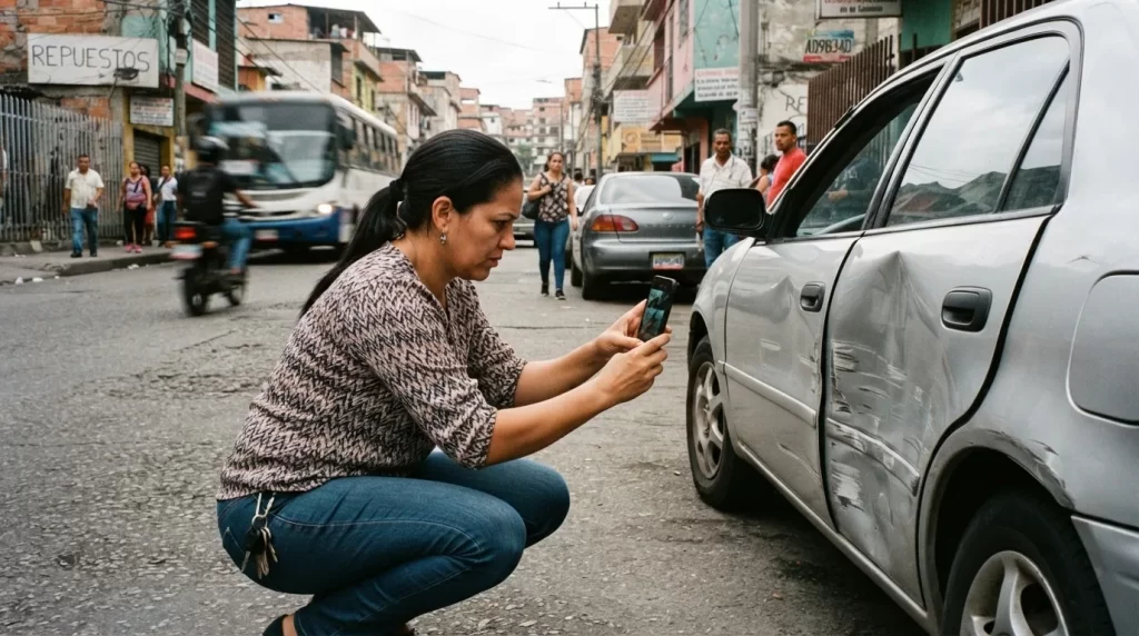Persona fotografiando con el teléfono el daño de su carro para el reclamo del seguro