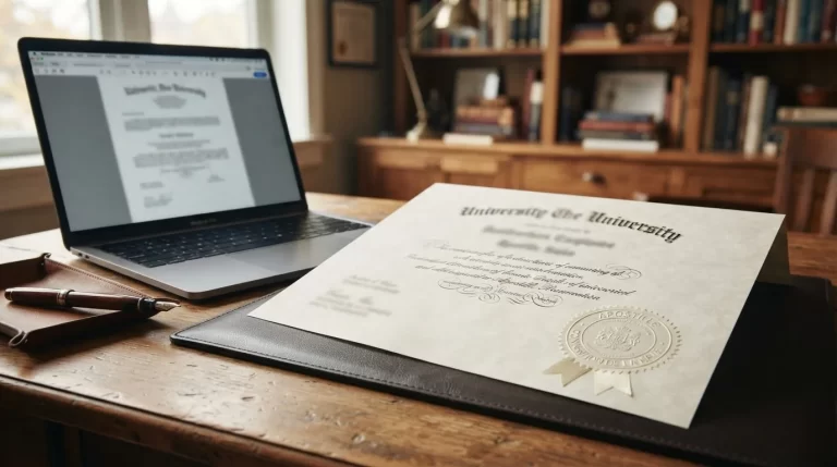 Diploma universitario con un sello de apostilla junto a una laptop