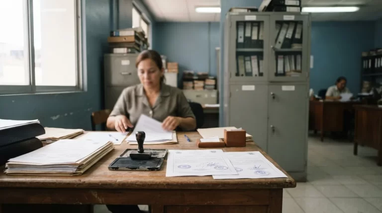 Oficina de registro con documentos oficiales sellados y archivador metálico seguro