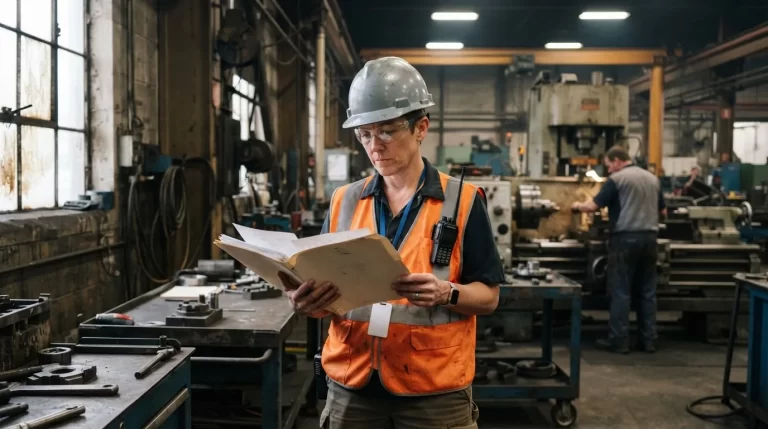 Supervisor revisando documentos de la empresa en una planta industrial