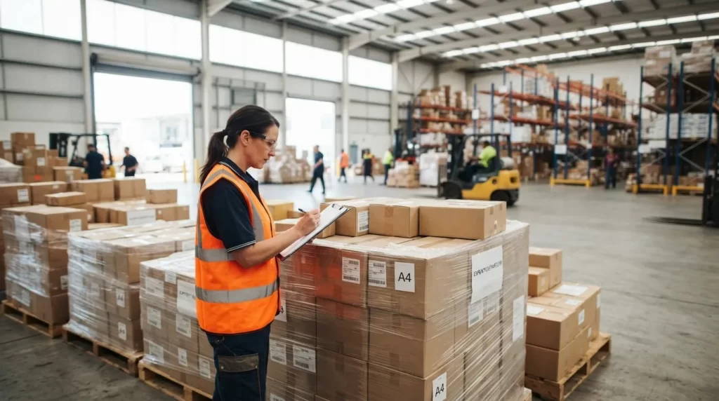 Cajas y paletas de mercancia listas para exportar en un almacen con un trabajador