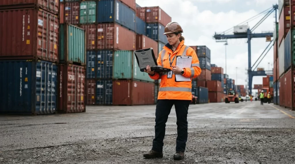 Profesional de logistica con laptop frente a contenedores en un patio portuario