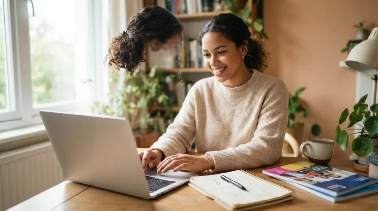 Estudiante registrandose en una laptop con folletos universitarios sobre el escritorio