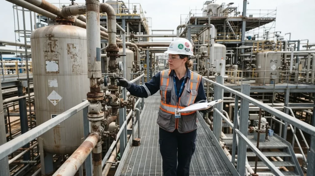 Ingeniero ambiental inspeccionando instalaciones industriales de una planta