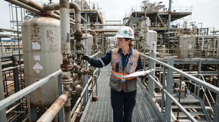 Ingeniero ambiental inspeccionando instalaciones industriales de una planta