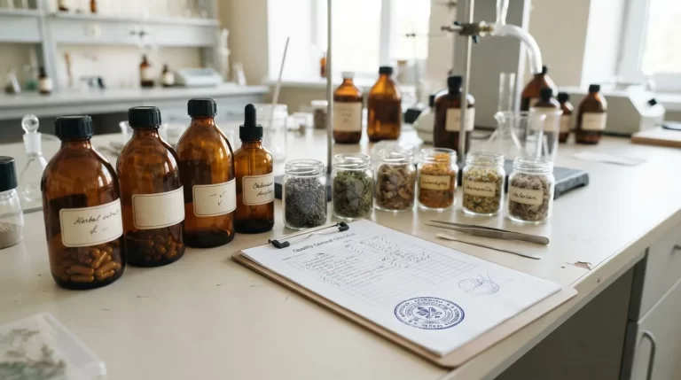 Frascos de remedios naturales y plantas medicinales en un laboratorio con un sello oficial