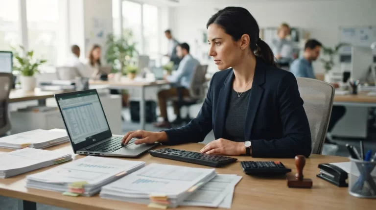 Profesional gestionando documentos y declaraciones en una laptop en una oficina moderna