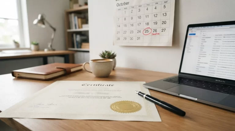 Certificado oficial con sello junto a un calendario que marca una fecha de vencimiento