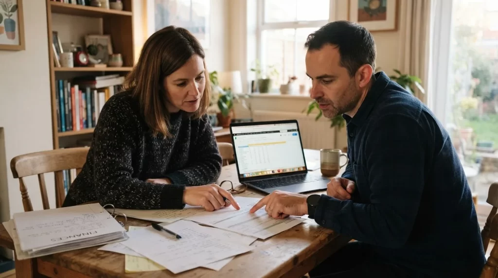 Pareja planificando el uso de sus ahorros habitacionales frente a una laptop