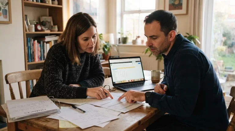 Pareja planificando el uso de sus ahorros habitacionales frente a una laptop