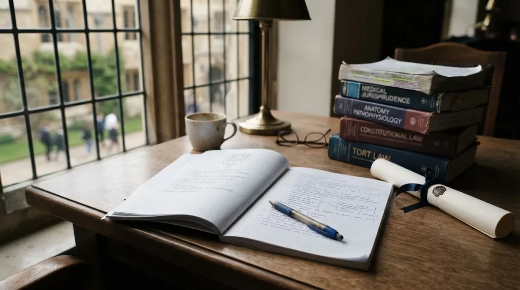 Escritorio universitario con un cuaderno de examen un diploma y libros de medicina y derecho