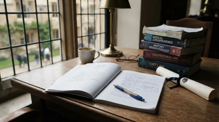 Escritorio universitario con un cuaderno de examen un diploma y libros de medicina y derecho