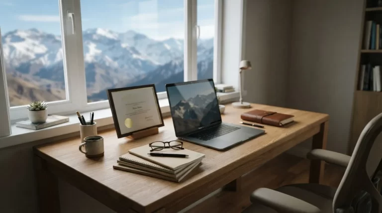 Escritorio con un diploma y una laptop frente a una ventana con los Andes nevados