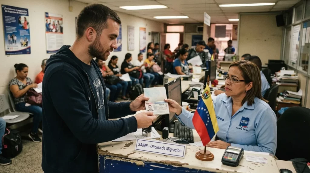 Extranjero entregando su pasaporte abierto en la ventanilla de una oficina del SAIME: cedula y residencia para extranjeros en Venezuela