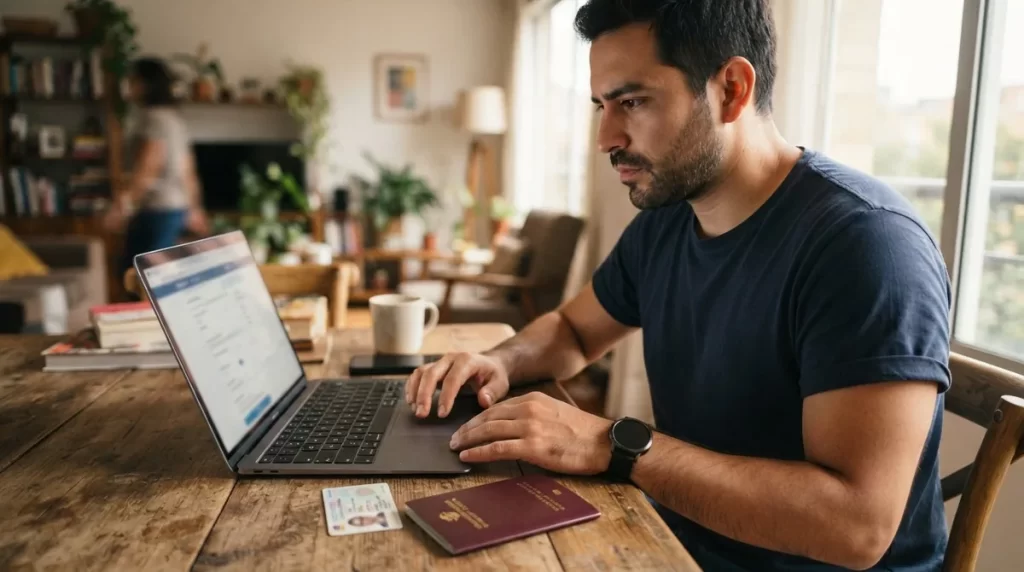 Hombre completando un formulario en línea con su cédula y pasaporte: registro consular venezolano