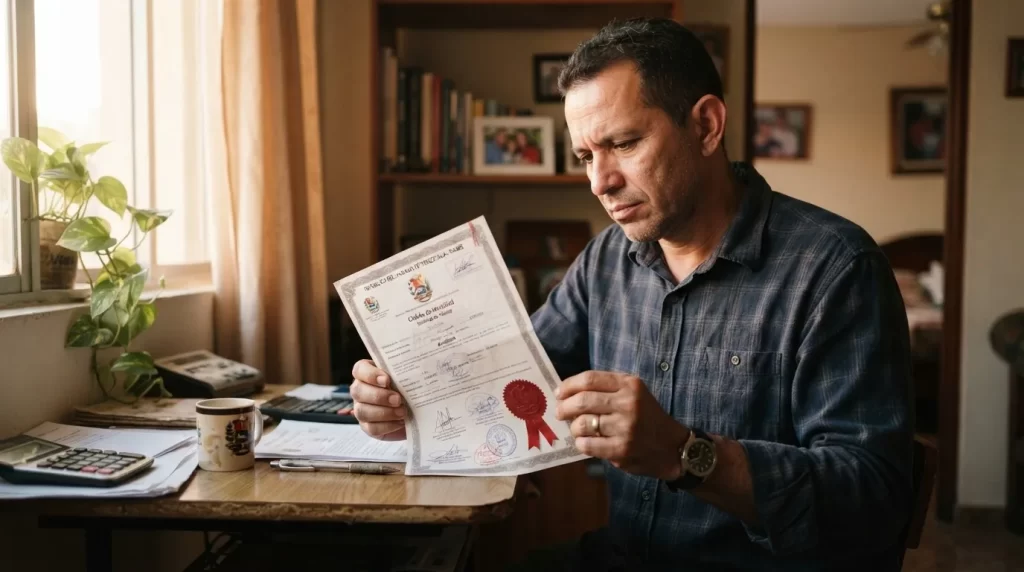 Hombre revisando un documento oficial con sello en su escritorio en casa: legalizacion de documentos ante el MPPRE