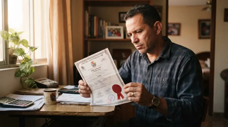 Hombre revisando un documento oficial con sello en su escritorio en casa: legalizacion de documentos ante el MPPRE