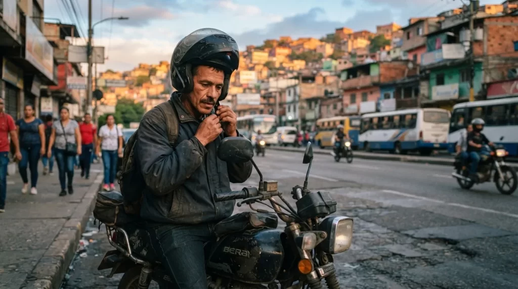 Motorizado venezolano abrochándose el casco antes de conducir