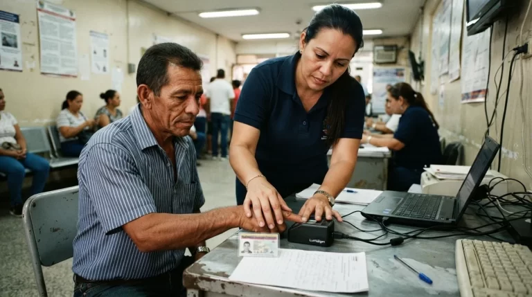 Funcionaria del CNE ayudando a un ciudadano a colocar su huella en el equipo captahuellas: inscripción en el Registro Electoral