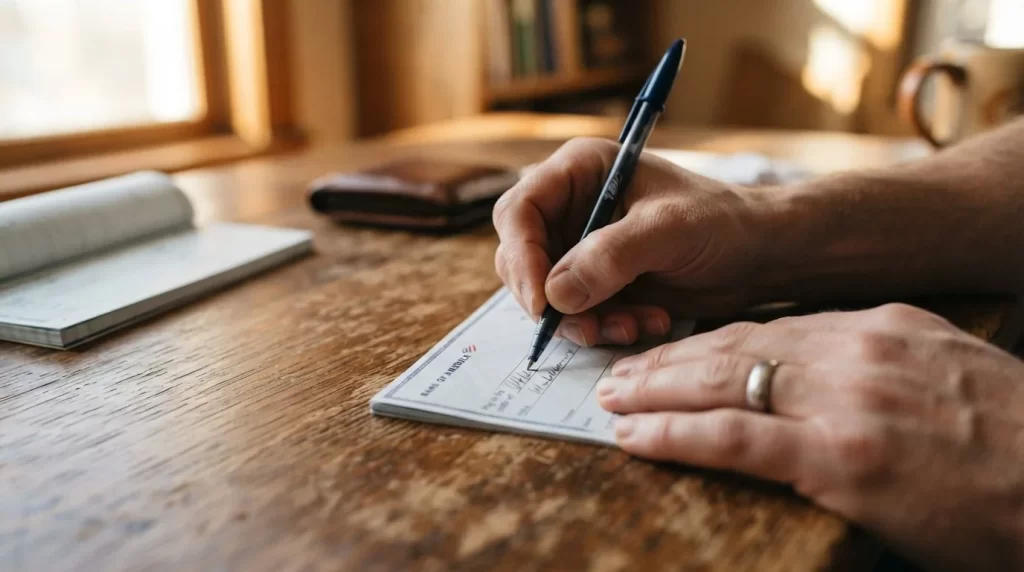 Manos llenando un cheque de una chequera sobre un escritorio de madera