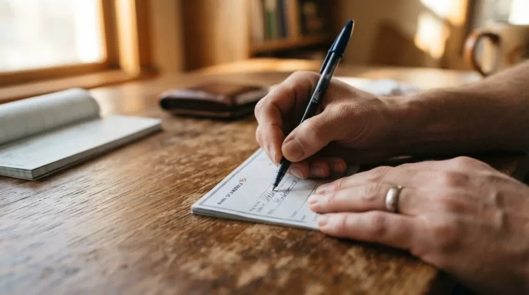 Manos llenando un cheque de una chequera sobre un escritorio de madera