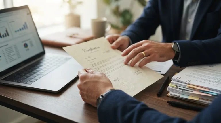 Manos revisando un certificado oficial con sello junto a contratos y una laptop