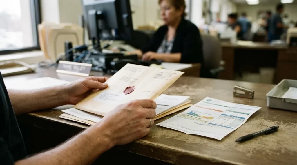 Persona sosteniendo el documento de solvencia del servicio de agua sobre un escritorio