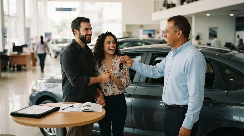 Vendedor de concesionario entregando las llaves de un vehiculo a una pareja feliz junto al carro con una carpeta de papeles de financiamiento sobre una mesa: credito vehicular en Venezuela
