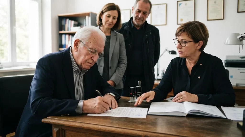 Persona mayor firmando un documento ante un funcionario y testigos en una notaria