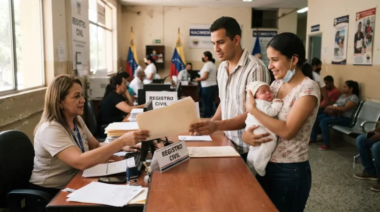 Pareja joven con su bebe recien nacido entregando documentos en el mostrador del Registro Civil: inscripcion de nacimiento en Venezuela