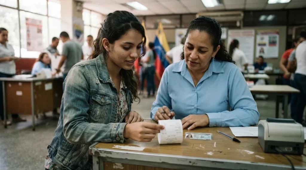 Mujer joven revisando su comprobante de actualización junto a una funcionaria: cambio de centro de votación