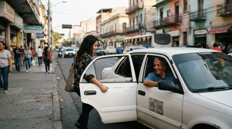 Pasajero sube a un taxi sedan blanco en una calle venezolana: certificacion de taxi individual ante el INTT