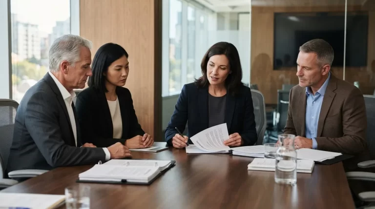 Cuatro personas de negocios alrededor de una mesa de juntas firmando un acta: nombramiento de junta directiva en una empresa venezolana