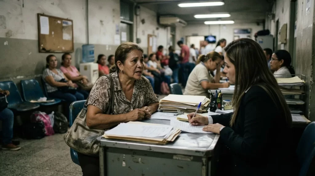 Mujer llenando una declaracion escrita en una oficina de la Fiscalia: como poner una denuncia ante el Ministerio Publico