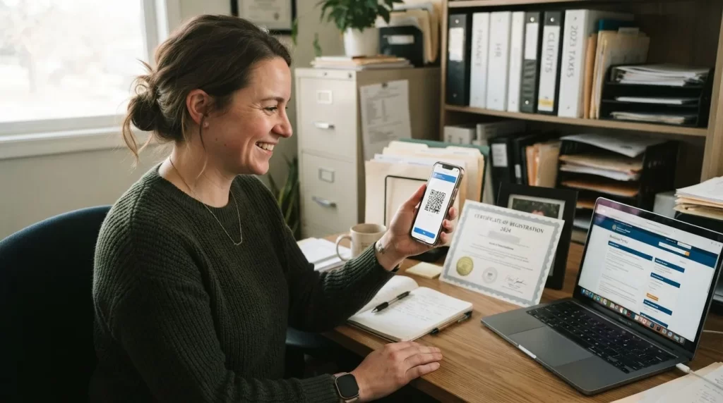 Administradora de un pequeno negocio mostrando el codigo QR de su certificado en el telefono junto a la laptop: solvencia electronica del INCES