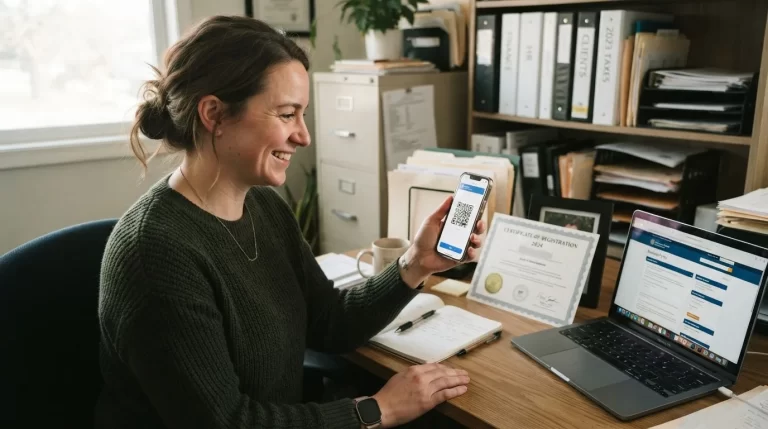 Administradora de un pequeno negocio mostrando el codigo QR de su certificado en el telefono junto a la laptop: solvencia electronica del INCES