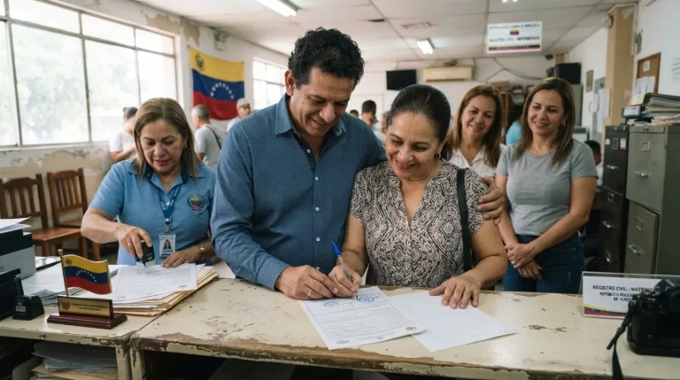 Pareja firmando un documento en el mostrador del Registro Civil con testigos al lado: constancia de union estable de hecho en Venezuela