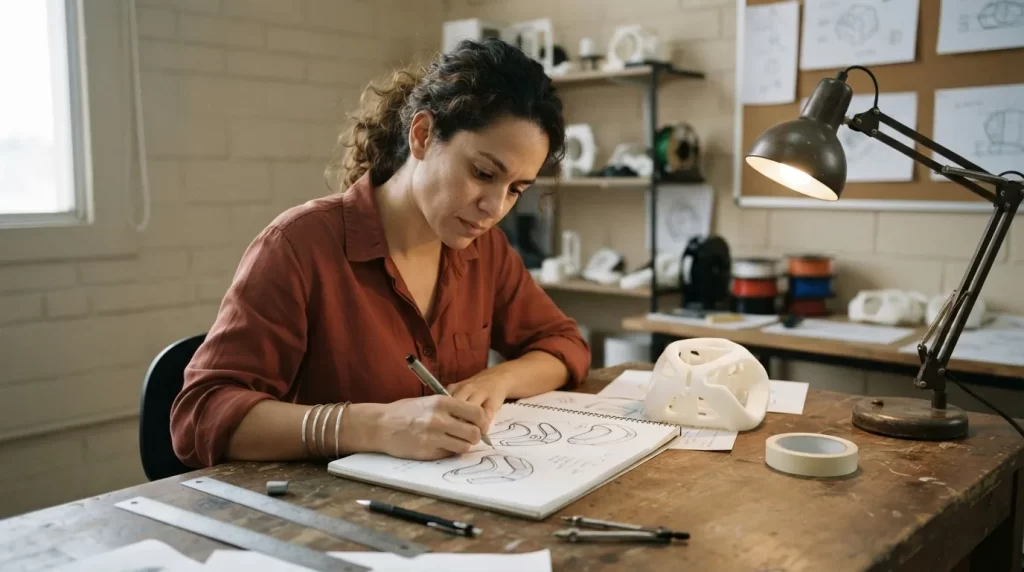 Disenadora venezolana dibujando varias vistas de un producto junto a un prototipo impreso en 3D en su estudio: registro de diseno industrial ante el SAPI