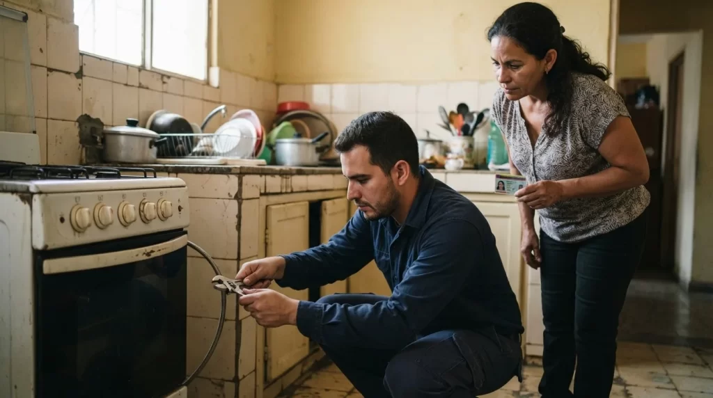 Tecnico revisando la instalacion de la cocina de gas con una llave inglesa mientras la duena de casa observa: solicitud de gas domestico con PDVSA Gas Comunal