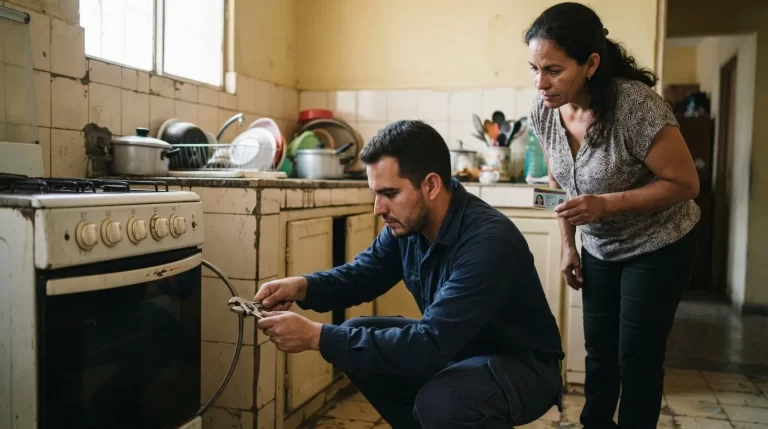 Tecnico revisando la instalacion de la cocina de gas con una llave inglesa mientras la duena de casa observa: solicitud de gas domestico con PDVSA Gas Comunal